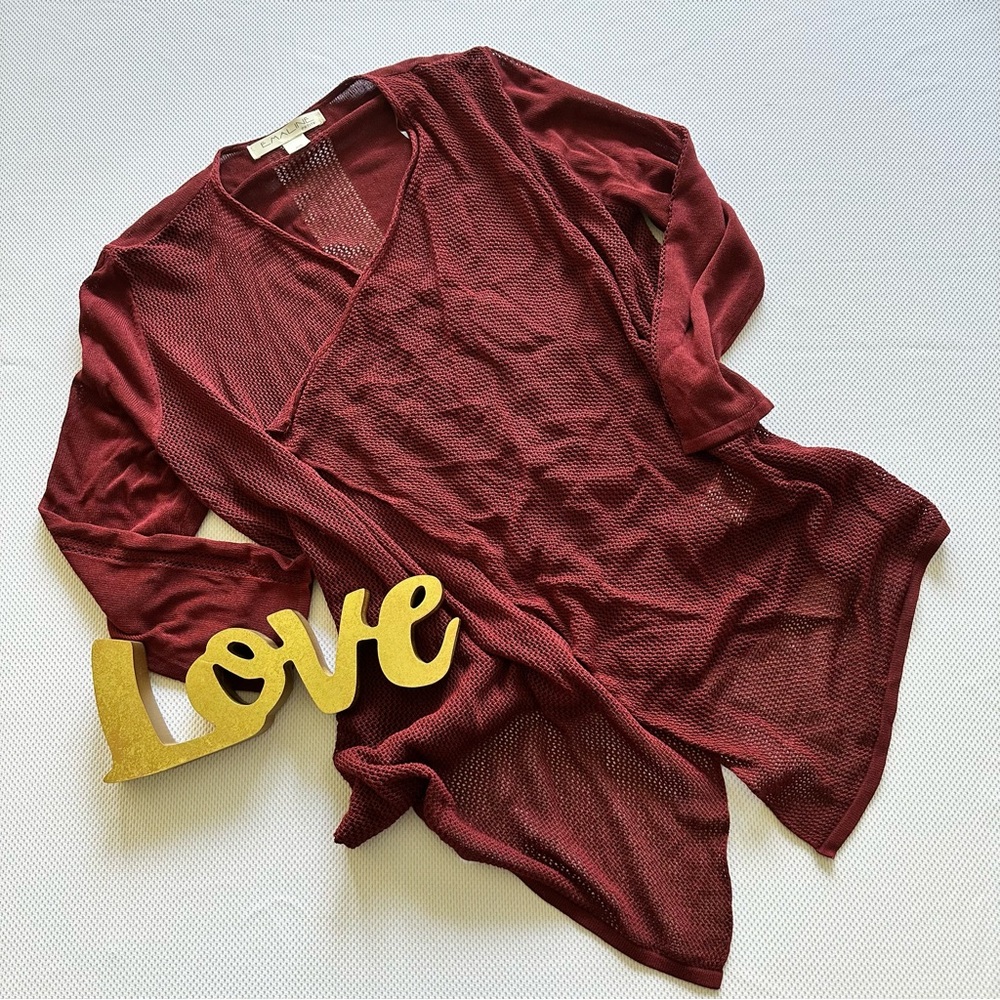 Emaline. Maroon lacy handkerchief hem cardigan, size PM, EUC